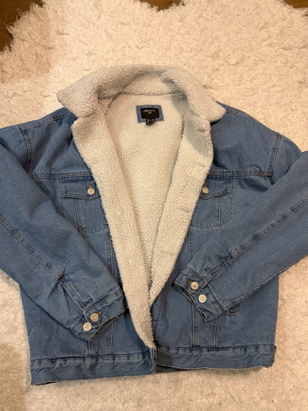 Forever 21 Kids Light Blue Denim Jacket with Cream Sherpa Lining
